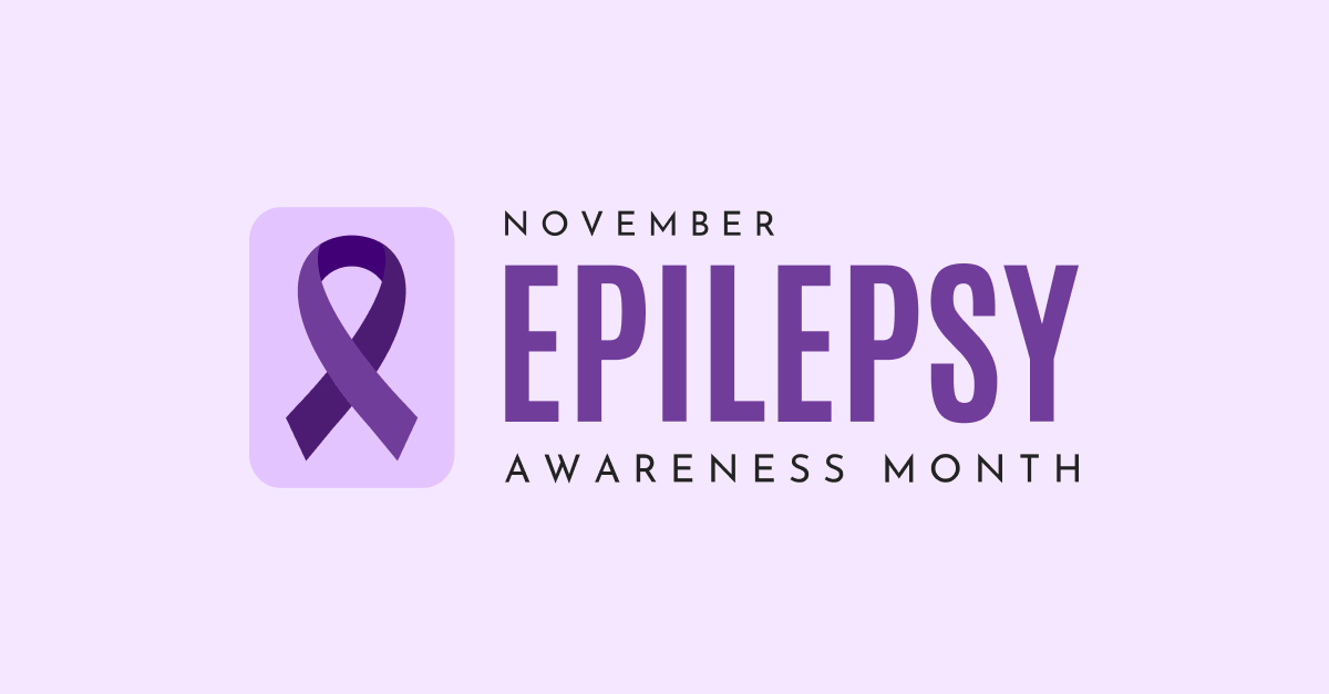 A more compact version of the sign with a purple ribbon and the words November Epilepsy Awareness Month with Epilepsy in large text in the center, over a pink background.